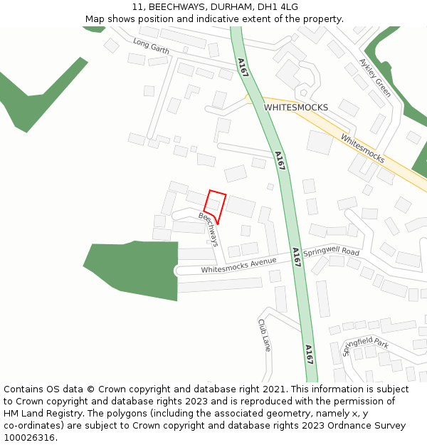 11, BEECHWAYS, DURHAM, DH1 4LG: Location map and indicative extent of plot