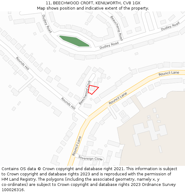 11, BEECHWOOD CROFT, KENILWORTH, CV8 1GX: Location map and indicative extent of plot