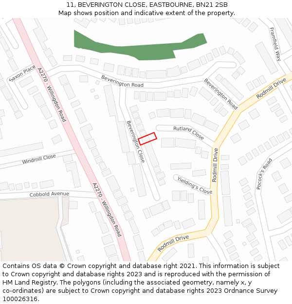 11, BEVERINGTON CLOSE, EASTBOURNE, BN21 2SB: Location map and indicative extent of plot