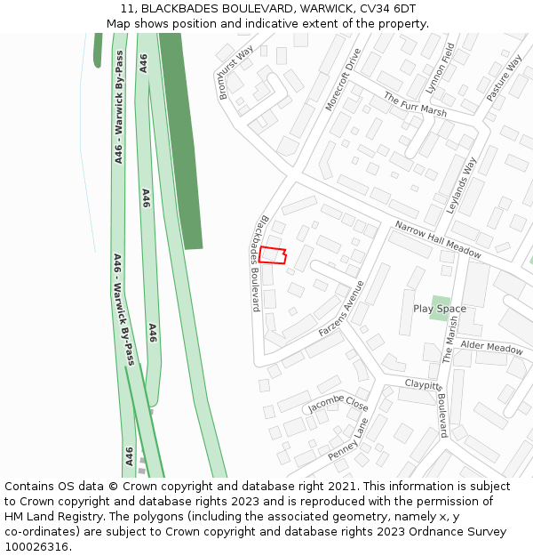 11, BLACKBADES BOULEVARD, WARWICK, CV34 6DT: Location map and indicative extent of plot