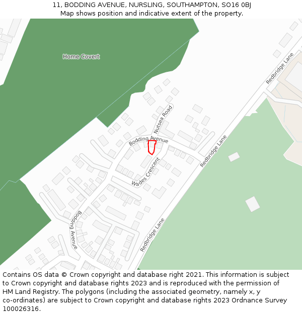 11, BODDING AVENUE, NURSLING, SOUTHAMPTON, SO16 0BJ: Location map and indicative extent of plot