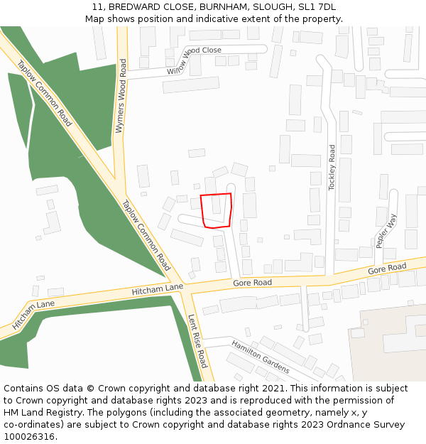 11, BREDWARD CLOSE, BURNHAM, SLOUGH, SL1 7DL: Location map and indicative extent of plot