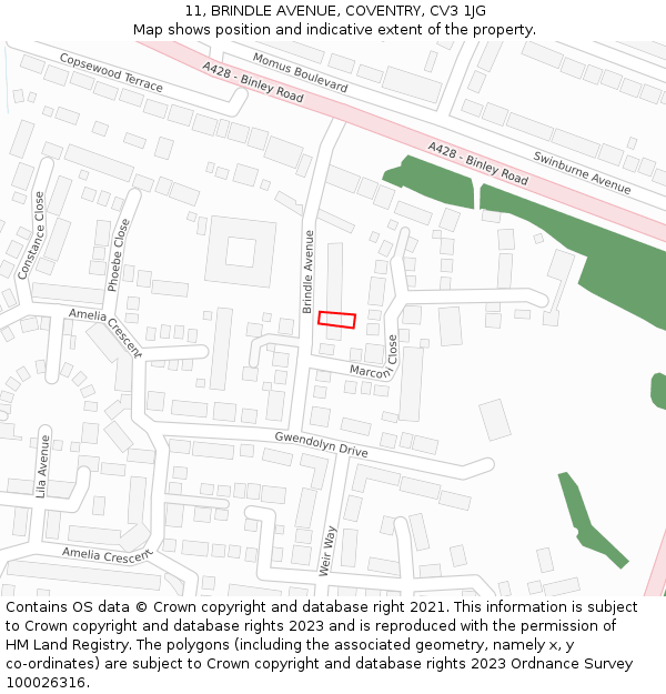 11, BRINDLE AVENUE, COVENTRY, CV3 1JG: Location map and indicative extent of plot