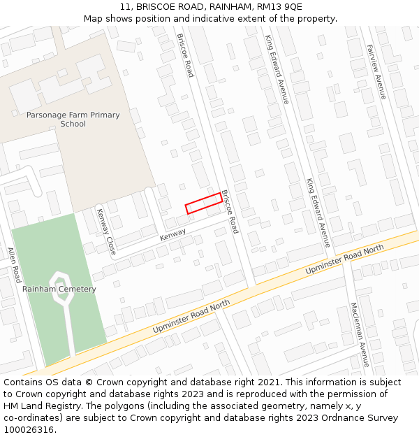 11, BRISCOE ROAD, RAINHAM, RM13 9QE: Location map and indicative extent of plot