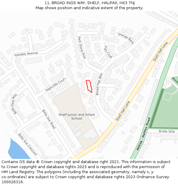 11, BROAD INGS WAY, SHELF, HALIFAX, HX3 7NJ: Location map and indicative extent of plot