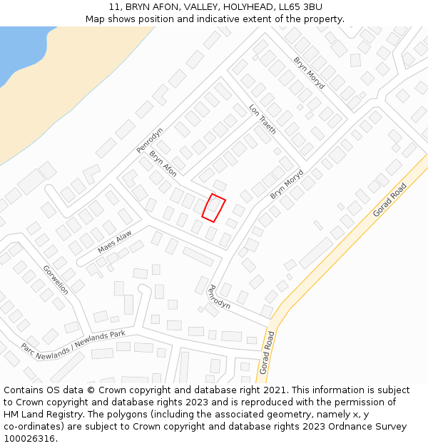 11, BRYN AFON, VALLEY, HOLYHEAD, LL65 3BU: Location map and indicative extent of plot