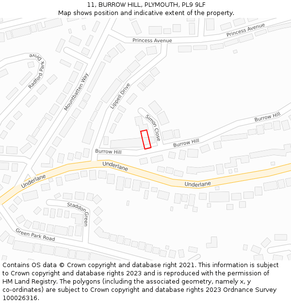 11, BURROW HILL, PLYMOUTH, PL9 9LF: Location map and indicative extent of plot