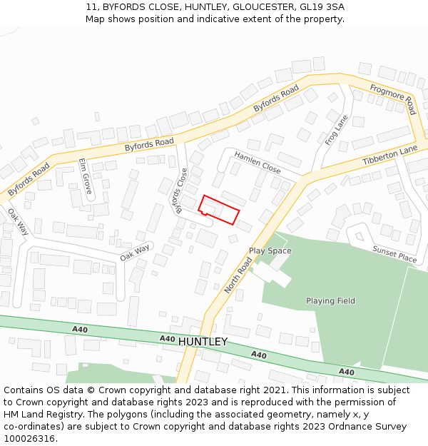 11, BYFORDS CLOSE, HUNTLEY, GLOUCESTER, GL19 3SA: Location map and indicative extent of plot