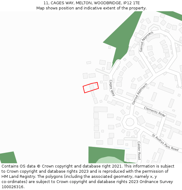 11, CAGES WAY, MELTON, WOODBRIDGE, IP12 1TE: Location map and indicative extent of plot