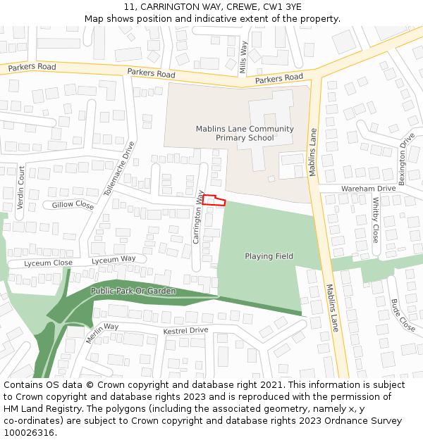 11, CARRINGTON WAY, CREWE, CW1 3YE: Location map and indicative extent of plot