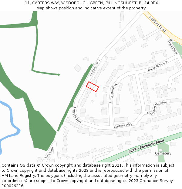 11, CARTERS WAY, WISBOROUGH GREEN, BILLINGSHURST, RH14 0BX: Location map and indicative extent of plot