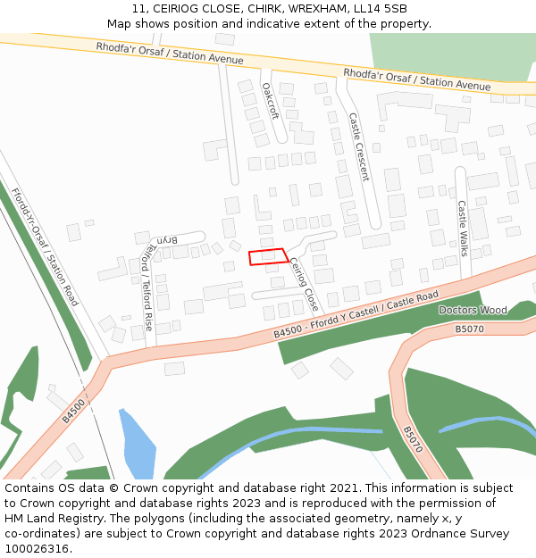 11, CEIRIOG CLOSE, CHIRK, WREXHAM, LL14 5SB: Location map and indicative extent of plot