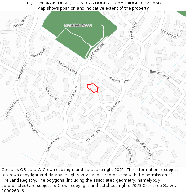 11, CHAPMANS DRIVE, GREAT CAMBOURNE, CAMBRIDGE, CB23 6AD: Location map and indicative extent of plot