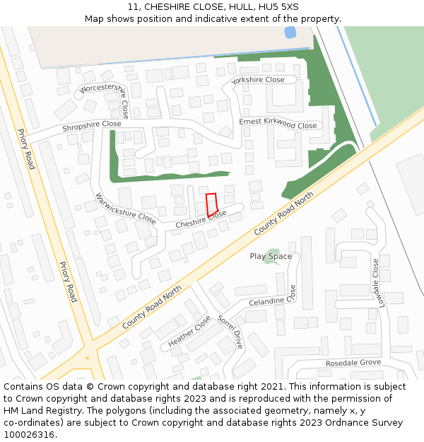 11, CHESHIRE CLOSE, HULL, HU5 5XS: Location map and indicative extent of plot