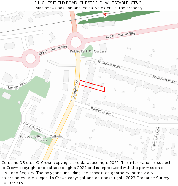 11, CHESTFIELD ROAD, CHESTFIELD, WHITSTABLE, CT5 3LJ: Location map and indicative extent of plot