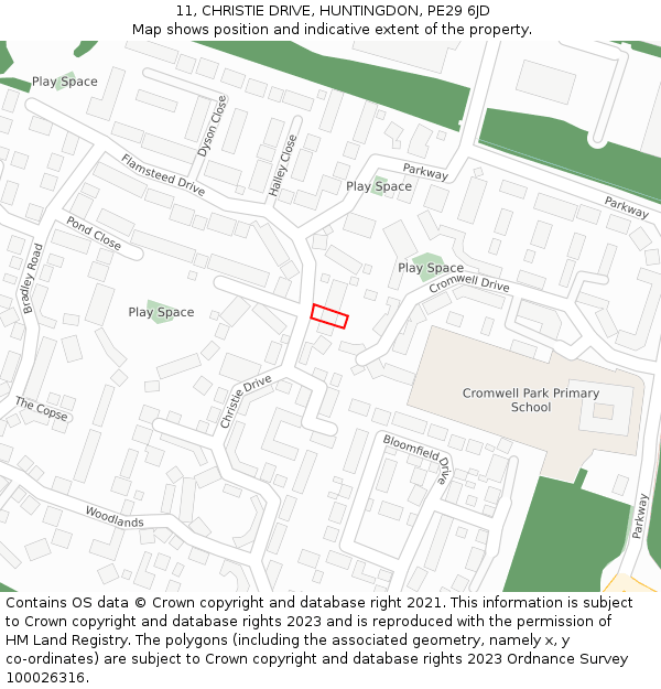 11, CHRISTIE DRIVE, HUNTINGDON, PE29 6JD: Location map and indicative extent of plot