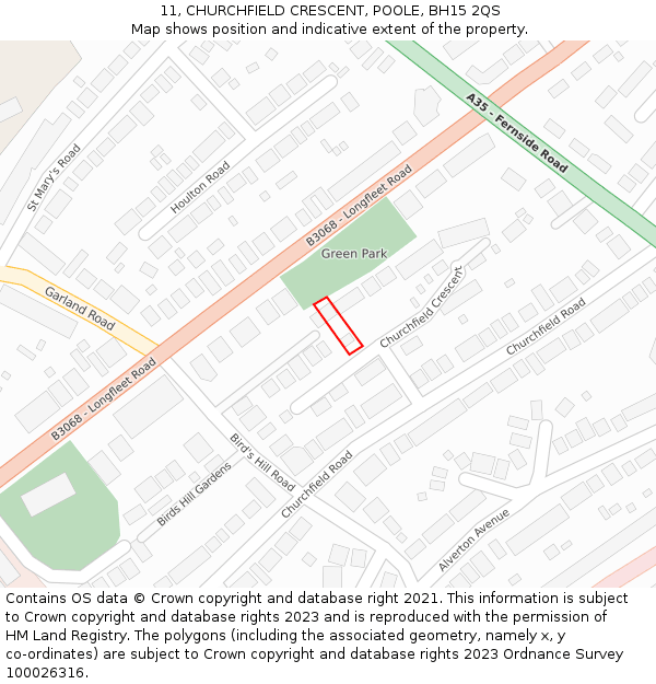 11, CHURCHFIELD CRESCENT, POOLE, BH15 2QS: Location map and indicative extent of plot