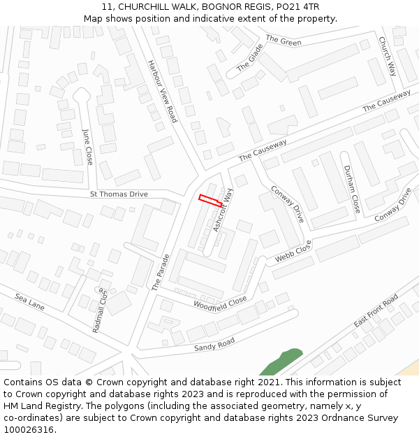 11, CHURCHILL WALK, BOGNOR REGIS, PO21 4TR: Location map and indicative extent of plot