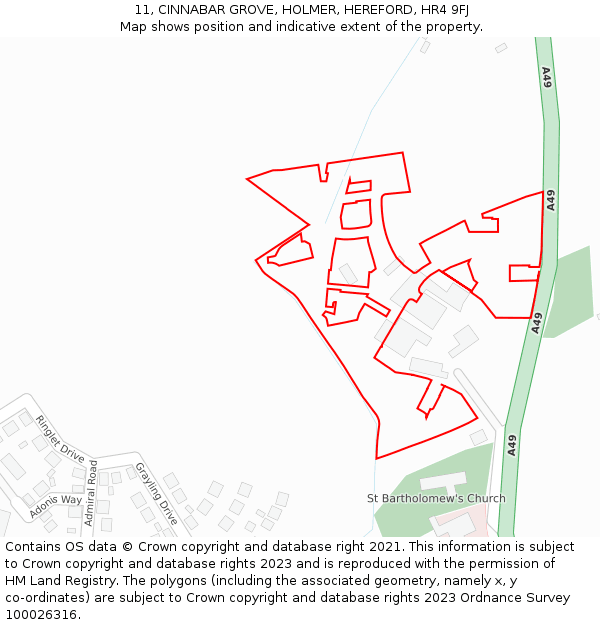 11, CINNABAR GROVE, HOLMER, HEREFORD, HR4 9FJ: Location map and indicative extent of plot