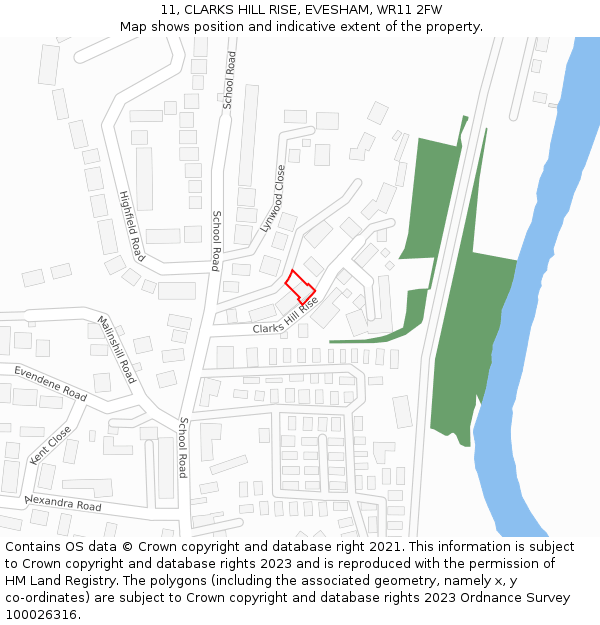 11, CLARKS HILL RISE, EVESHAM, WR11 2FW: Location map and indicative extent of plot