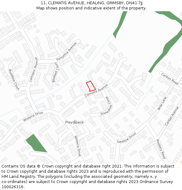 11, CLEMATIS AVENUE, HEALING, GRIMSBY, DN41 7JJ: Location map and indicative extent of plot