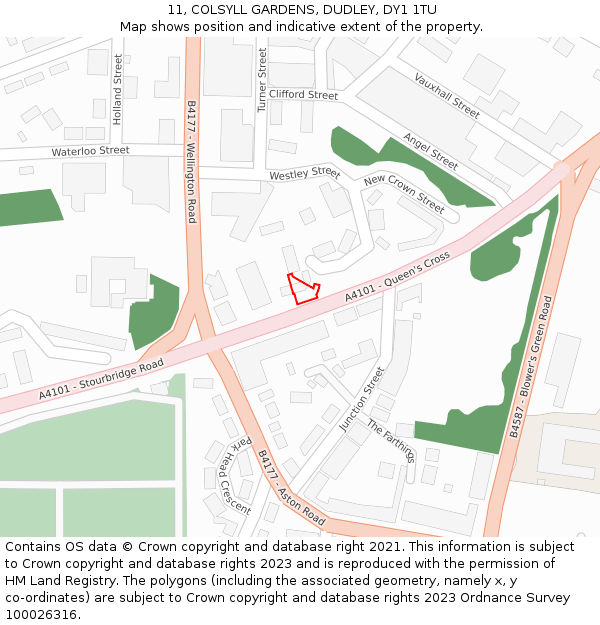 11, COLSYLL GARDENS, DUDLEY, DY1 1TU: Location map and indicative extent of plot