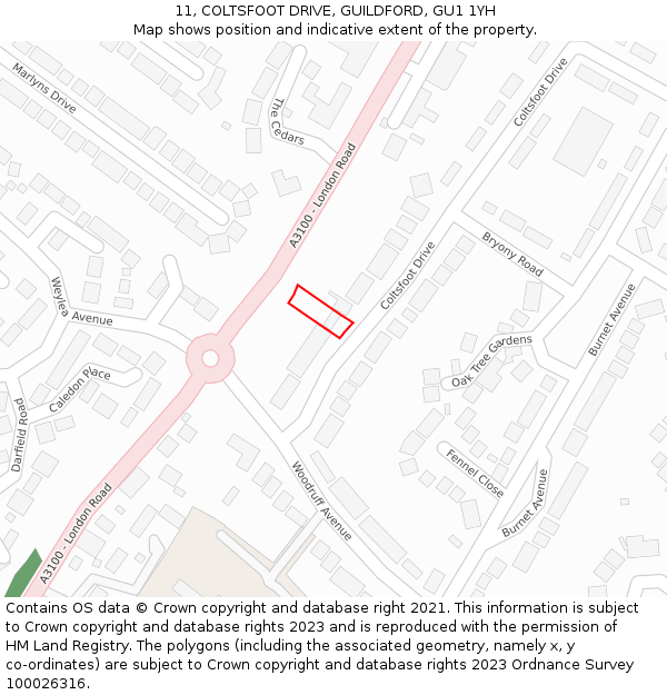 11, COLTSFOOT DRIVE, GUILDFORD, GU1 1YH: Location map and indicative extent of plot