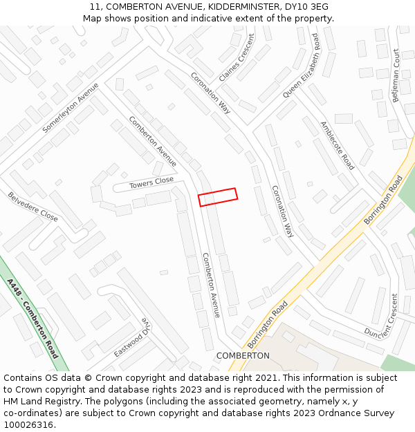 11, COMBERTON AVENUE, KIDDERMINSTER, DY10 3EG: Location map and indicative extent of plot