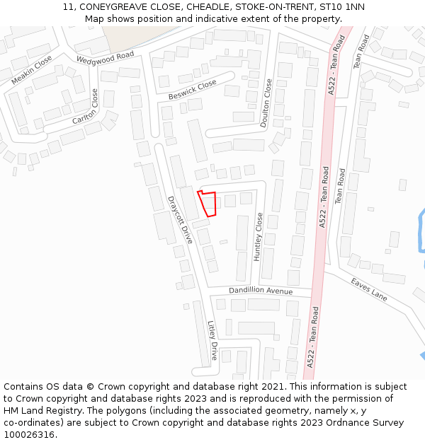 11, CONEYGREAVE CLOSE, CHEADLE, STOKE-ON-TRENT, ST10 1NN: Location map and indicative extent of plot