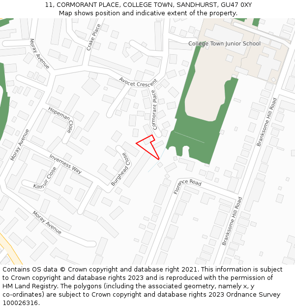 11, CORMORANT PLACE, COLLEGE TOWN, SANDHURST, GU47 0XY: Location map and indicative extent of plot