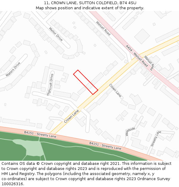 11, CROWN LANE, SUTTON COLDFIELD, B74 4SU: Location map and indicative extent of plot