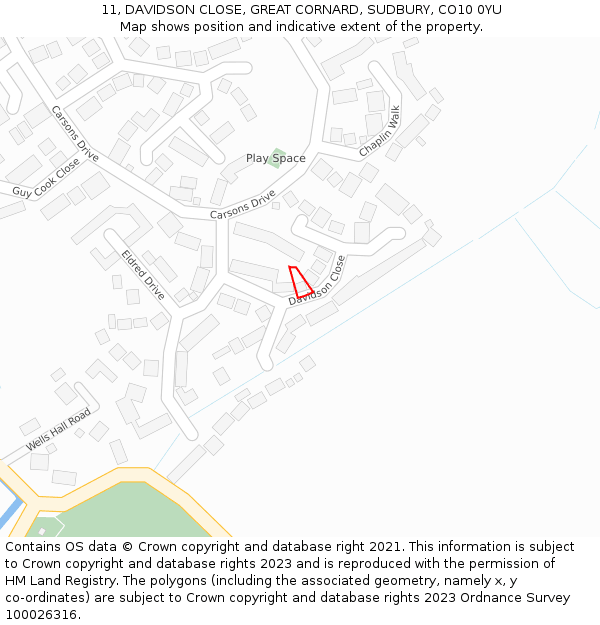 11, DAVIDSON CLOSE, GREAT CORNARD, SUDBURY, CO10 0YU: Location map and indicative extent of plot