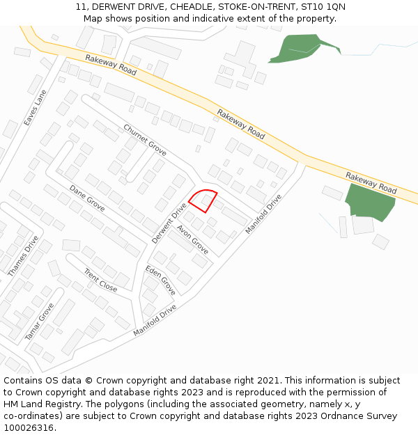 11, DERWENT DRIVE, CHEADLE, STOKE-ON-TRENT, ST10 1QN: Location map and indicative extent of plot