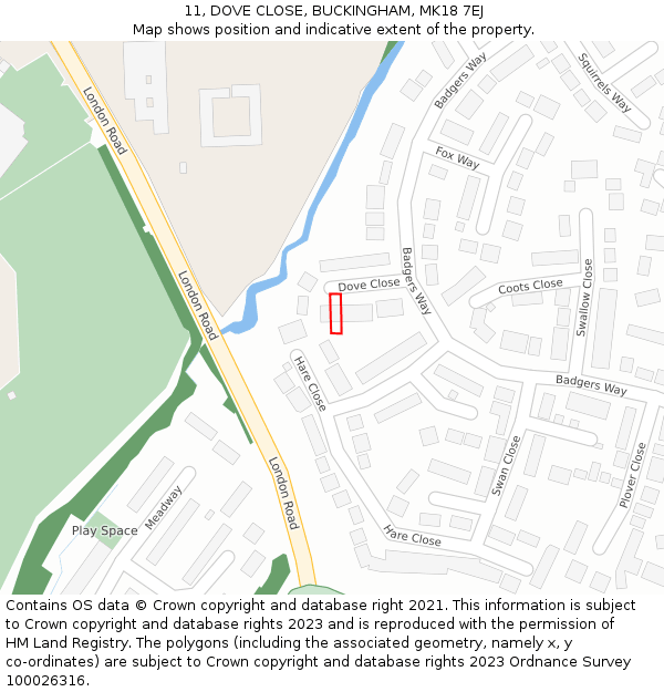 11, DOVE CLOSE, BUCKINGHAM, MK18 7EJ: Location map and indicative extent of plot