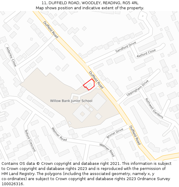 11, DUFFIELD ROAD, WOODLEY, READING, RG5 4RL: Location map and indicative extent of plot