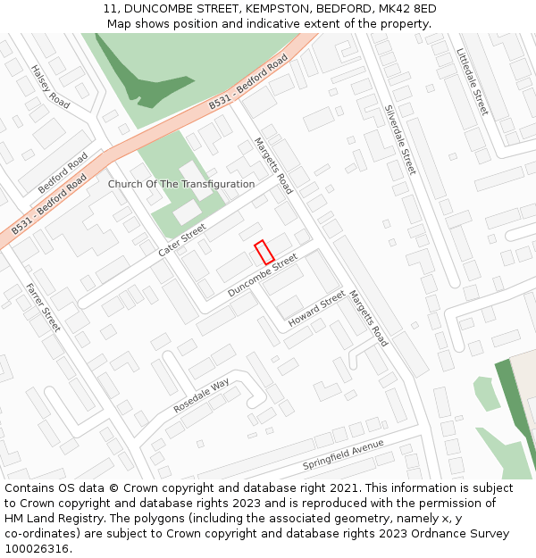 11, DUNCOMBE STREET, KEMPSTON, BEDFORD, MK42 8ED: Location map and indicative extent of plot