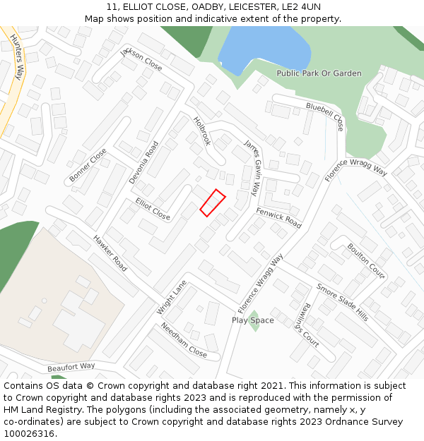 11, ELLIOT CLOSE, OADBY, LEICESTER, LE2 4UN: Location map and indicative extent of plot