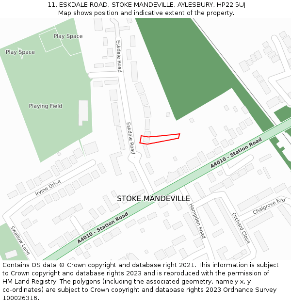 11, ESKDALE ROAD, STOKE MANDEVILLE, AYLESBURY, HP22 5UJ: Location map and indicative extent of plot