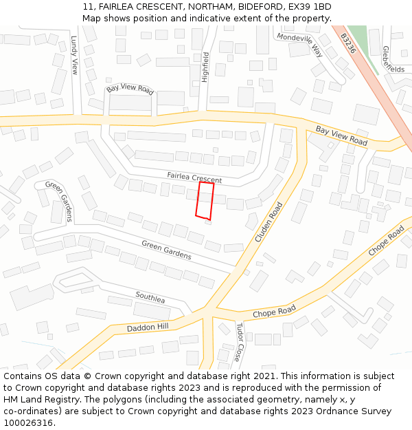 11, FAIRLEA CRESCENT, NORTHAM, BIDEFORD, EX39 1BD: Location map and indicative extent of plot