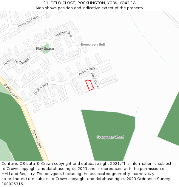 11, FIELD CLOSE, POCKLINGTON, YORK, YO42 1AJ: Location map and indicative extent of plot