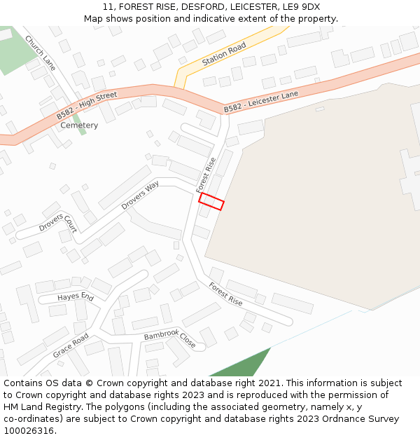 11, FOREST RISE, DESFORD, LEICESTER, LE9 9DX: Location map and indicative extent of plot