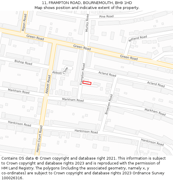 11, FRAMPTON ROAD, BOURNEMOUTH, BH9 1HD: Location map and indicative extent of plot