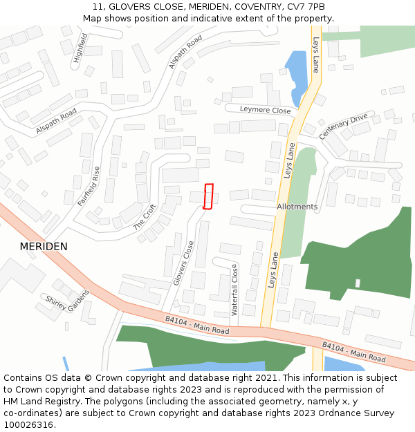 11, GLOVERS CLOSE, MERIDEN, COVENTRY, CV7 7PB: Location map and indicative extent of plot