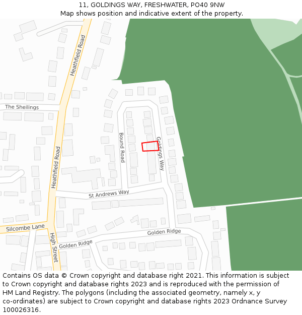 11, GOLDINGS WAY, FRESHWATER, PO40 9NW: Location map and indicative extent of plot