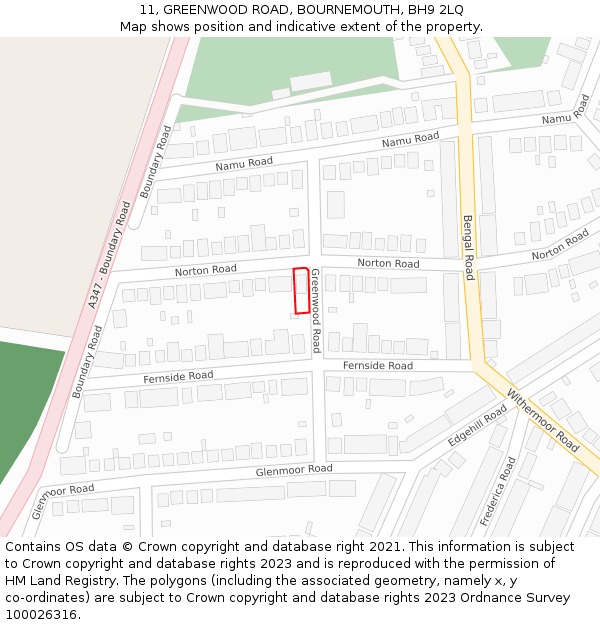 11, GREENWOOD ROAD, BOURNEMOUTH, BH9 2LQ: Location map and indicative extent of plot