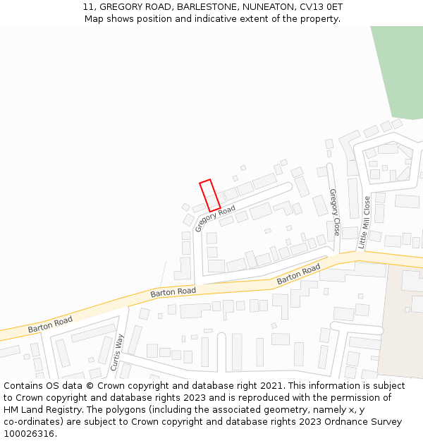 11, GREGORY ROAD, BARLESTONE, NUNEATON, CV13 0ET: Location map and indicative extent of plot