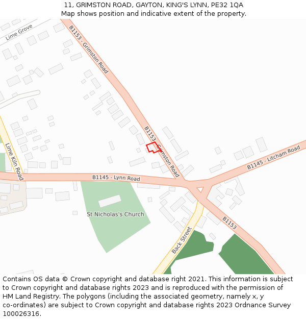 11, GRIMSTON ROAD, GAYTON, KING'S LYNN, PE32 1QA: Location map and indicative extent of plot