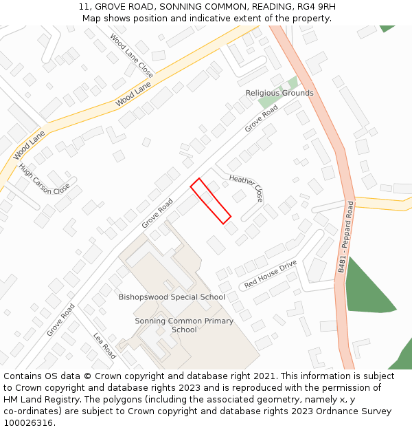 11, GROVE ROAD, SONNING COMMON, READING, RG4 9RH: Location map and indicative extent of plot