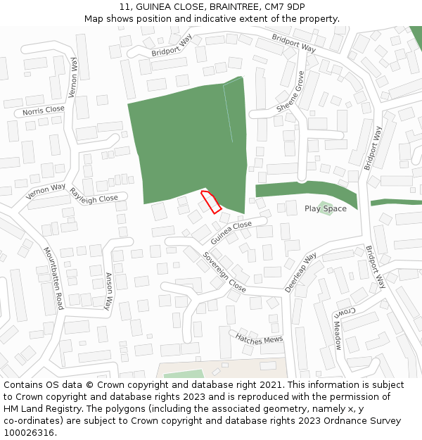 11, GUINEA CLOSE, BRAINTREE, CM7 9DP: Location map and indicative extent of plot