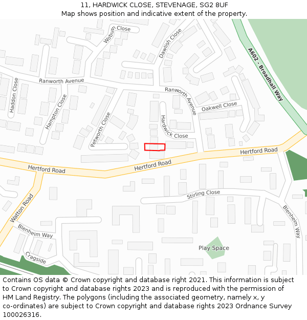 11, HARDWICK CLOSE, STEVENAGE, SG2 8UF: Location map and indicative extent of plot